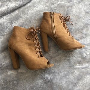 Peep-Toe Lace-Up Tan Booties